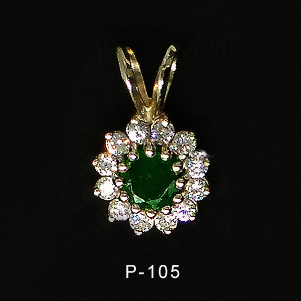 14K White gold diamond and emerald pendant