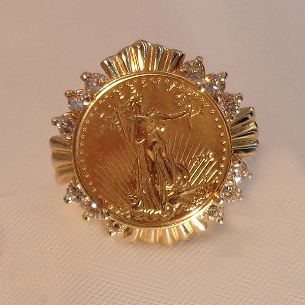1/10th American Eagle 22Karat gold coin ring with diamonds 0.75ct.