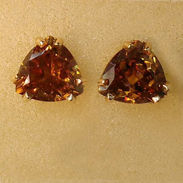 Natural Trillian shape Brown Zircon Earrings in 14Karat yellow gold.